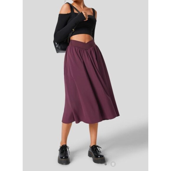 Halara Breezeful Crossover High Waisted 2-in-1 Midi Flare Skirt sz Small Burgund - Picture 4 of 16